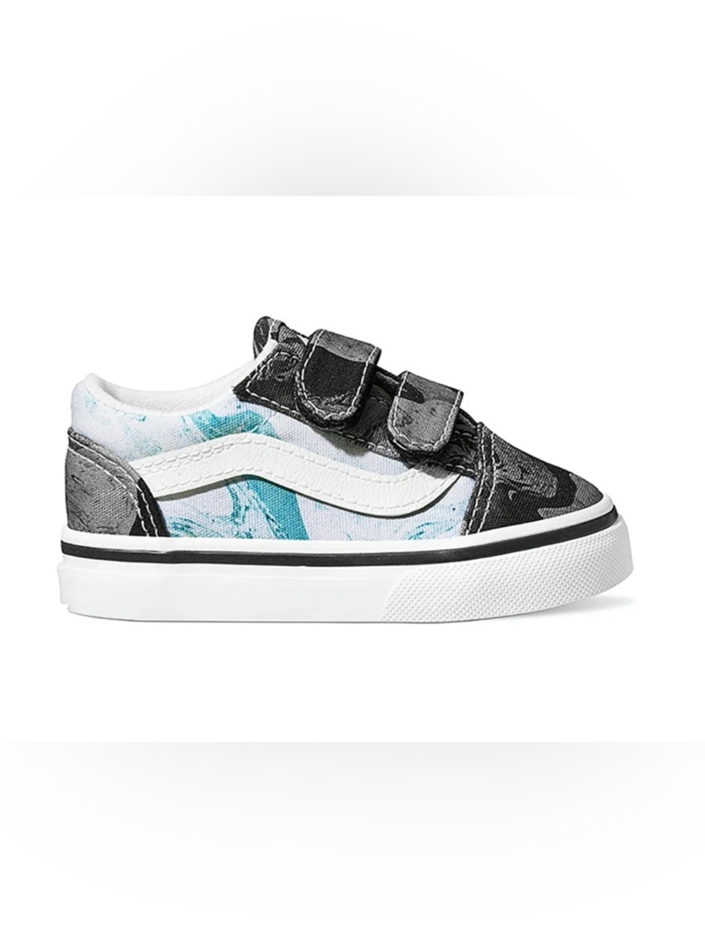 Vans Old Skool V Kids Sneakers Marble Black/Blue Velcro Size 8 Gently Used